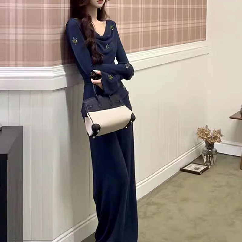 2025早秋新款一整套长袖荡领上衣高腰阔腿长裤针织套装女两件套潮|undefined