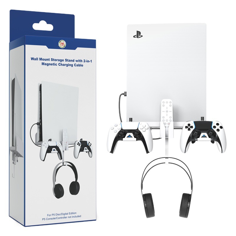 Soporte de pared para consola PS5 compatible con consola PS5 con asa, cable de carga y accesorios de juego.