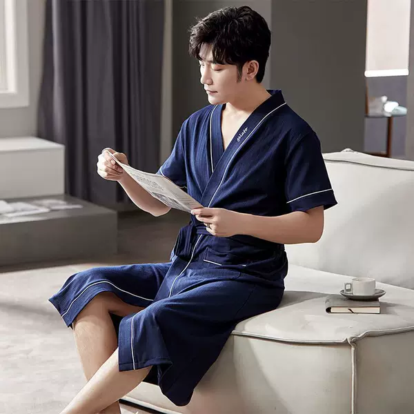 Nightgown Men's Summer 100 Pure Cotton Short Sleeve Thin Japanese Midi Men's Plus Size Bathrobe Summer Pajamas