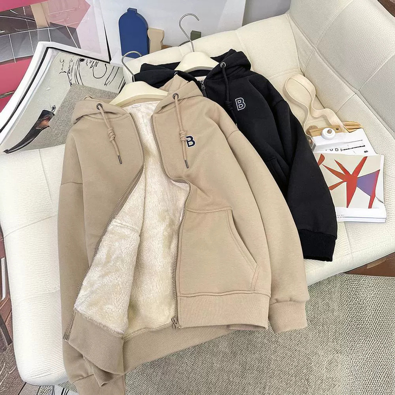 Velvet Thickeneded Hooded Cashmere Sweatshirt for Women Autumn and Winter Couple Style Loose Warm Long-sleeved Cardigan Zipper Jacket Velvet Thickeneded Hooded Cashmere Sweatshirt for Women Autumn and Winter Couple Style Loose Warm Long-sleeved Cardigan Zipper Jacket
