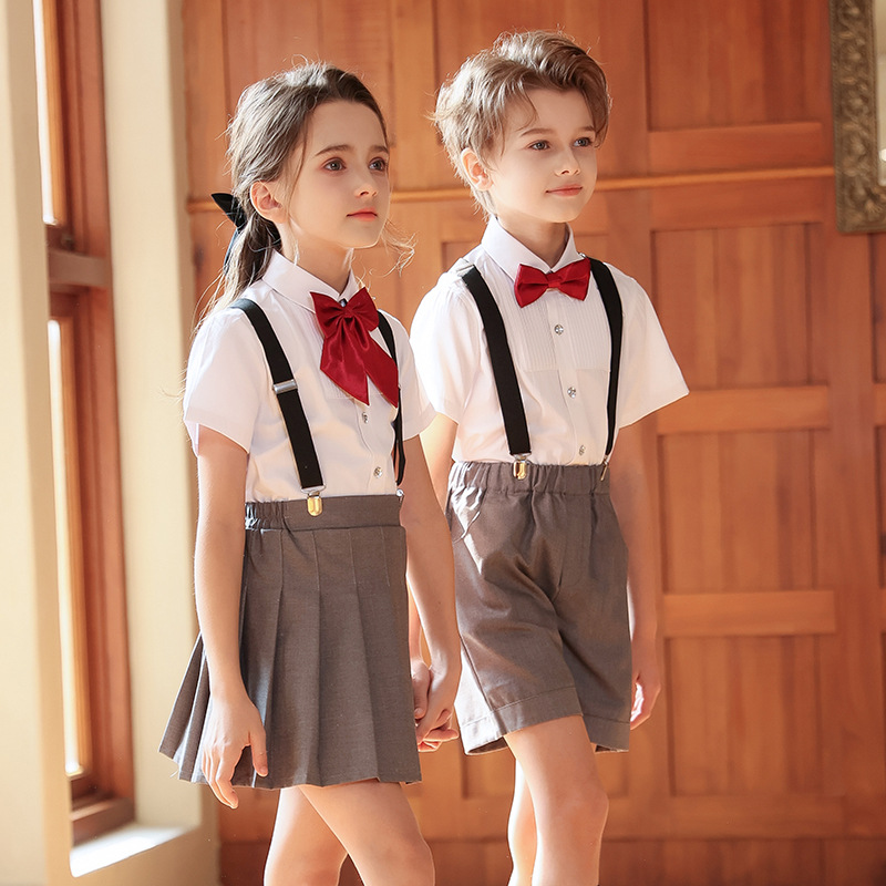Trajes de interpretación de coro de verano para niños, trajes de tirantes de estilo británico para escuelas primarias y secundarias, uniformes de jardín de infantes, uniformes de clase de graduación