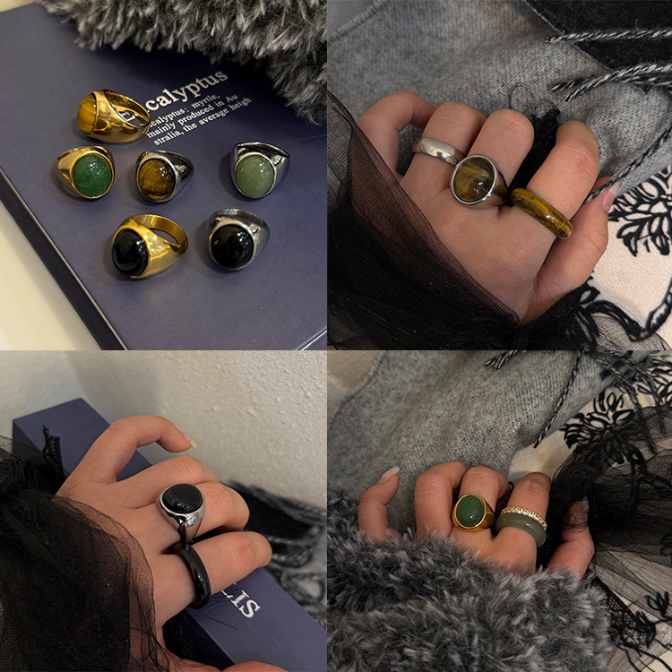 Titanium steel elliptical ring with natural stone, gold-tone for ladies, cross-border, personalized, niche accessory.