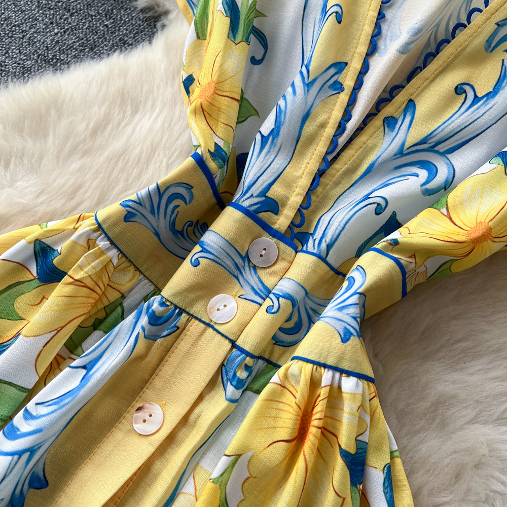 Women's European American Retro V Neck Dress Lace Trimmed Floral Print Fitted Waist Long Skirt Elegant Spring Autumn Wear_ecoleips.com