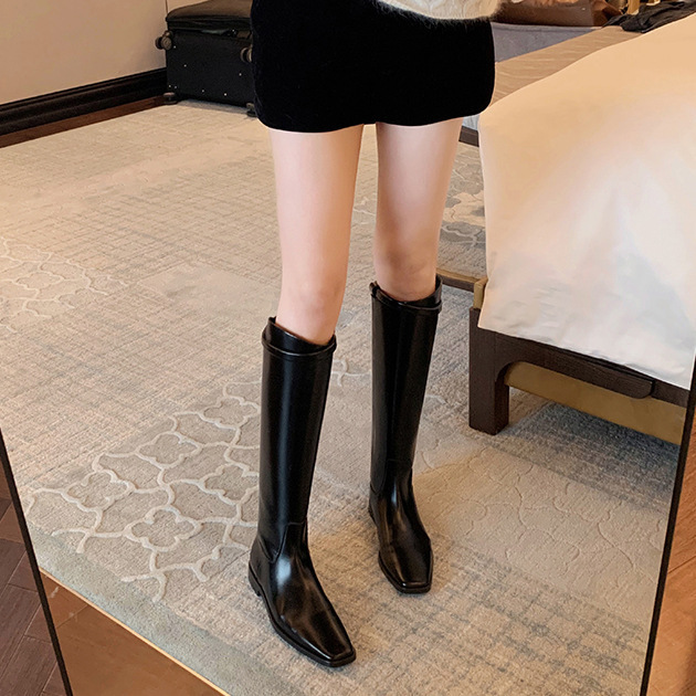 现货版~胖mm大筒围真皮长筒靴女法式宽筒平底长靴高筒靴骑士靴女|undefined