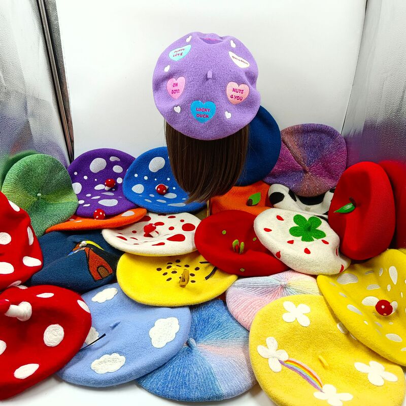 Wool Beret Handmade Creative Wool Felt Hat Mushroom Belle Hat Sweet Cute Cartoon Painter Hat Autumn and Winter