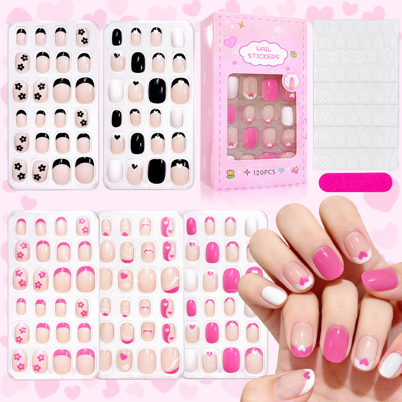 120 Pieces of French-Style Children's Cartoon Nail Stickers with Small Flower and Heart Double Patterns, Removable and Non-Damaging Nail Art Stickers