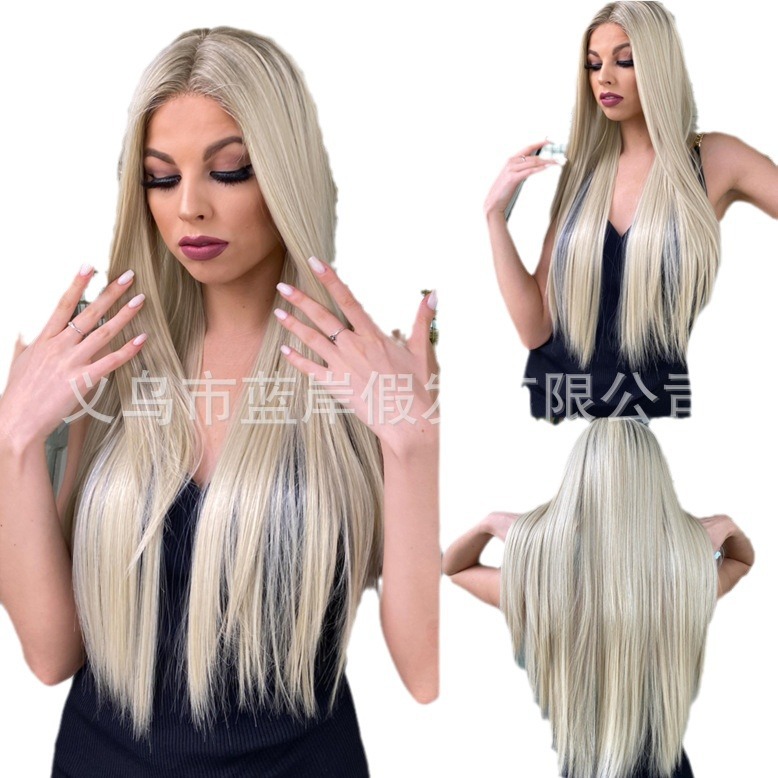 Punto transfronterizo peluca de encaje de gran área cubierta completa estilo europeo y americano costura aleatoria moda cabello largo y liso lace