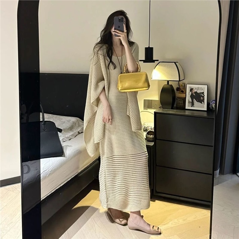 慵懒风穿搭一整套女初秋法式复古针织显瘦连衣裙披肩上衣两件套装|undefined