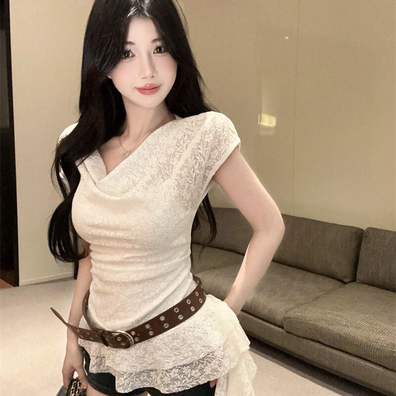 【4 Yuan Off for Returns Without a Belt】New Summer Style Ruffled Short-Sleeve Top with a Slimming Lace Design