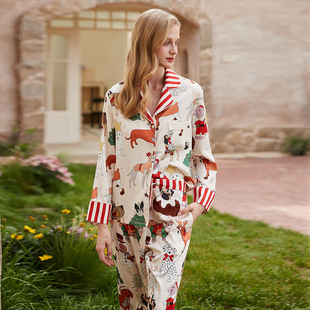 [Christmas Dog] Ins Style Pajamas for Women Spring & Fall Long-Sleeved Pants Suit Collar Imitation Silk Women's Home Wear Set