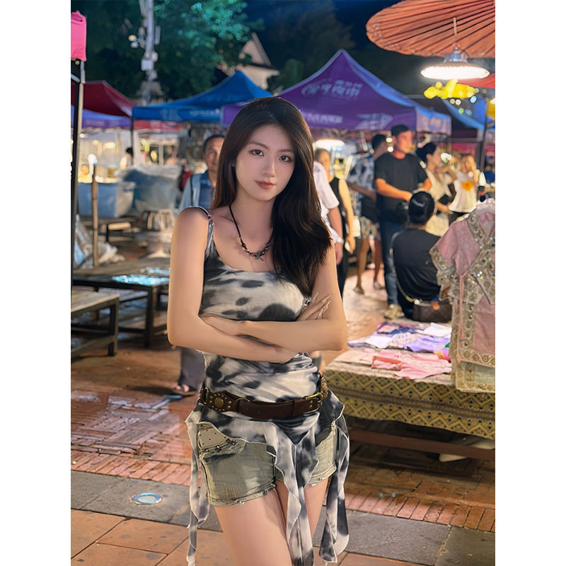 2025夏季法式吊帶背心女設計感小眾扎染不規則下擺辣妹修身上衣潮