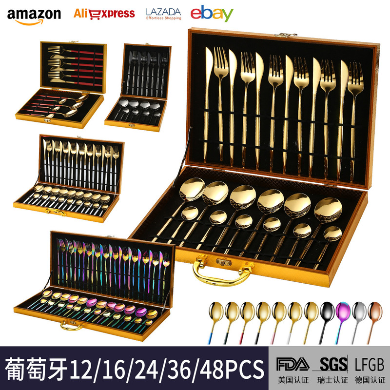 Factory Portuguese gold-plated stainless steel western tableware knife, fork and spoon 12/16/24/36/48 piece gold gift box Factory Portuguese gold-plated stainless steel western tableware knife, fork and spoon 12/16/24/36/48 piece gold gift box