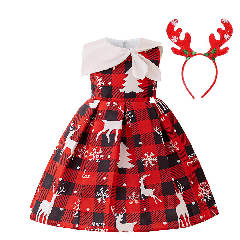 Navidad transfronteriza nuevo vestido de niña vestido de impresión a cuadros vestido de princesa de cascada vestido de princesa de cuello inclinado vestido de princesa