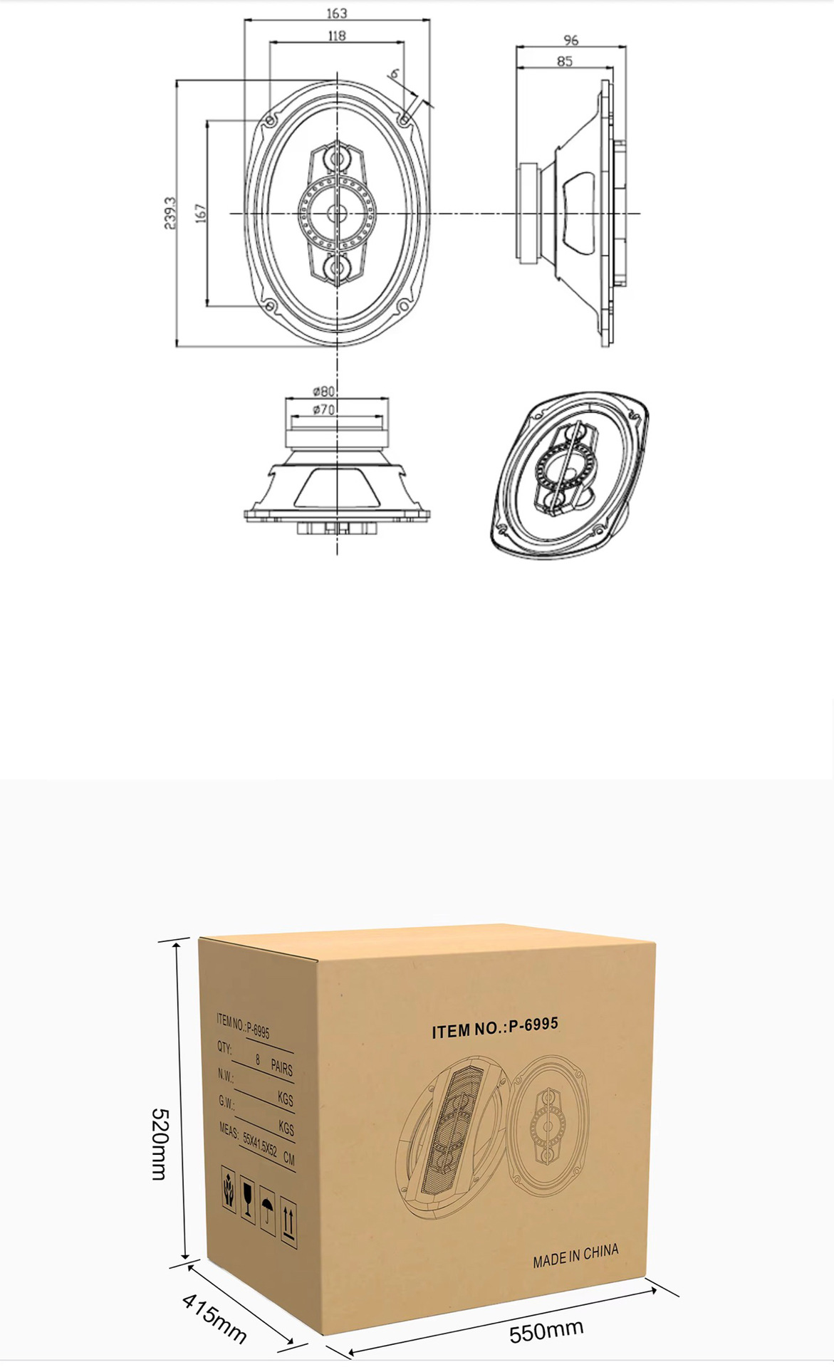 Cross-border e-commerce manufacturer's new car audio speaker coaxial 6X 9inch P-6995 full-range car audio 800W
