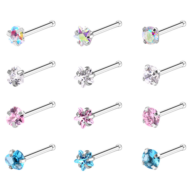 European American Classic Stainless Steel Zircon Nose Nail Star Right Angle Titanium Steel Nose Piercing Jewelry detail image 10