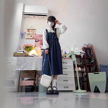 两件/套装日系甜美小个子复古牛仔背带连衣裙女学生+立领长袖衬衫