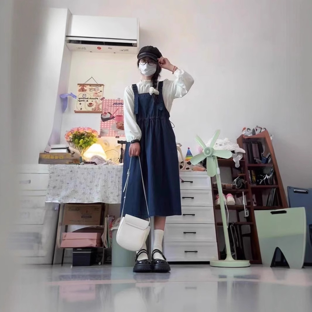 两件/套装日系甜美小个子复古牛仔背带连衣裙女学生+立领长袖衬衫