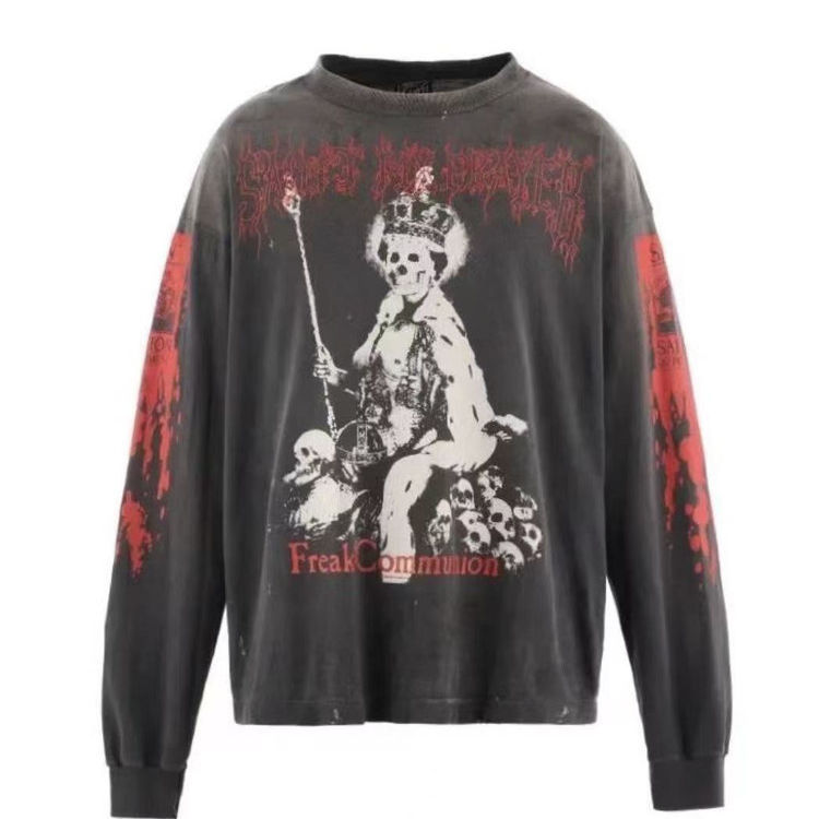 Saint Michael and Polos Japanese-Style Skull Throne Washed Vintage Long-Sleeve T-Shirt for Men
