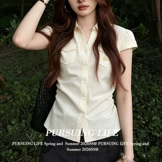 美式肌理感米白条纹短袖衬衫女夏季新款收腰显瘦正肩辣妹绝美上衣