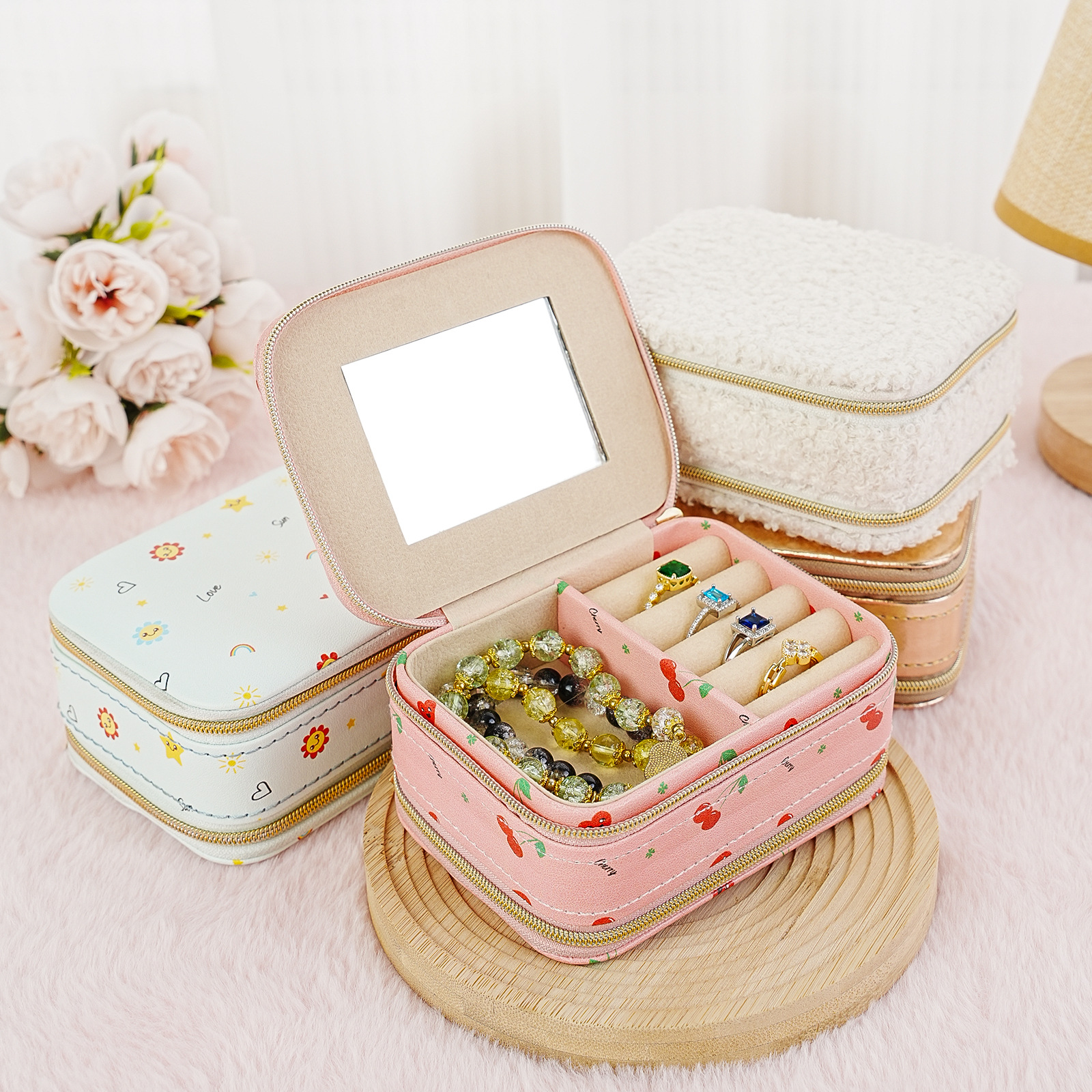 Impresión de doble cremallera caja de joyería anillo perno pulsera con espejo bolsa de joyería portátil con cremallera