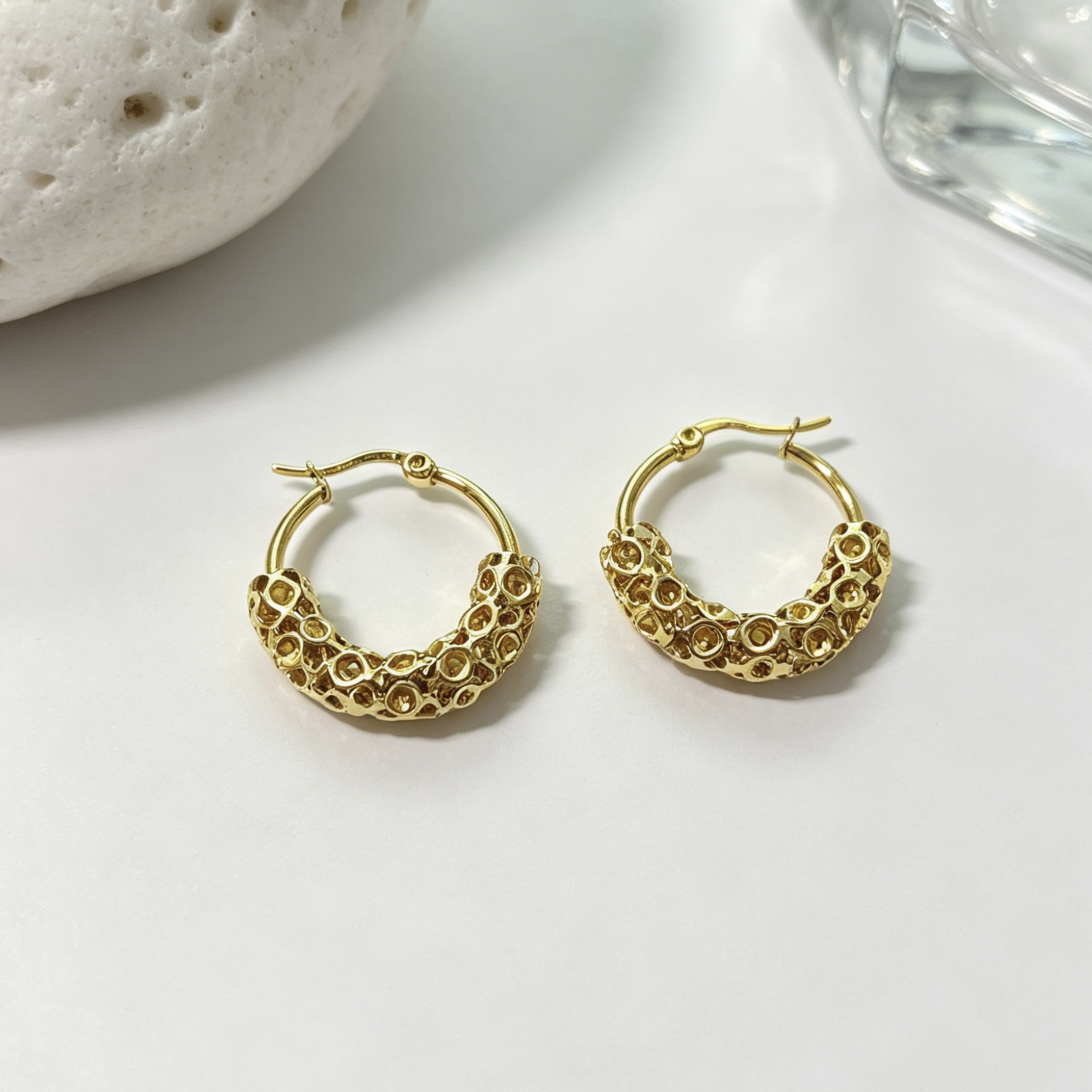 Gold Hoop Earrings Hollow Honeycomb Texture Titanium Steel Studs_voghion.com