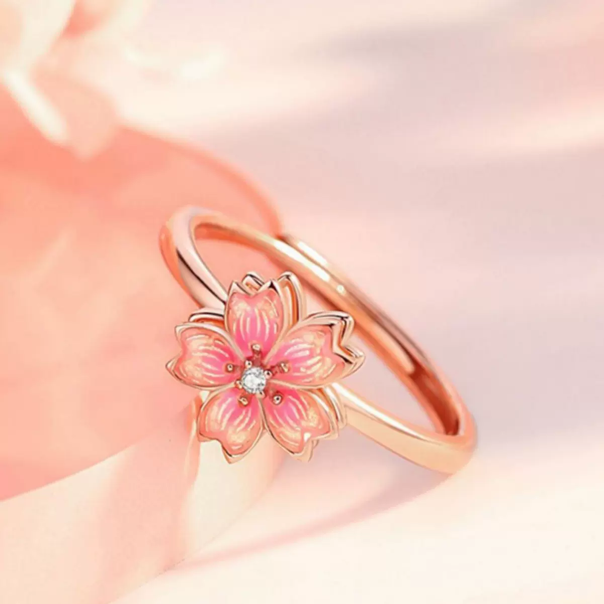 时尚珐琅桃花可旋转开口戒指情侣节日礼物