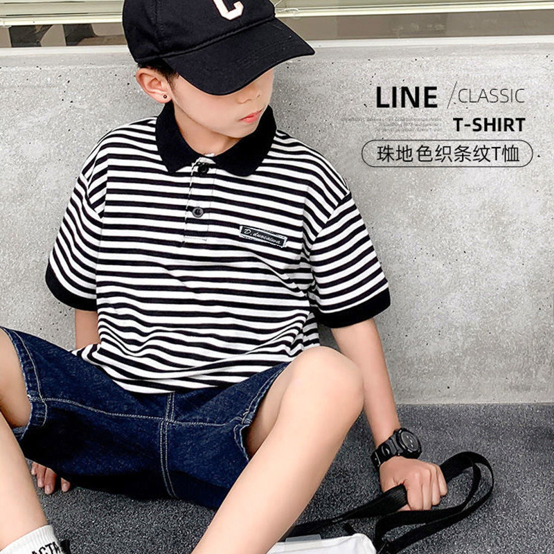 Children's Striped Polo Shirt Short-Sleeve T-Shirt Black and White for Boys and Girls, Korean Style, Medium to Large Children