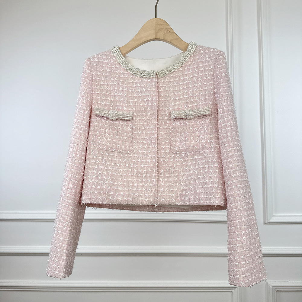Women's Spring and Autumn Chanel-Style Jacket, Round Neck, Long Sleeve, Single-Breasted, Pink Tweed, Fashionable and Sweet Coat