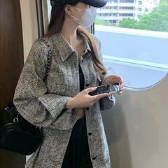 2025秋冬新款小香风polo领格子衬衫外套宽松慵懒韩系中长款上衣