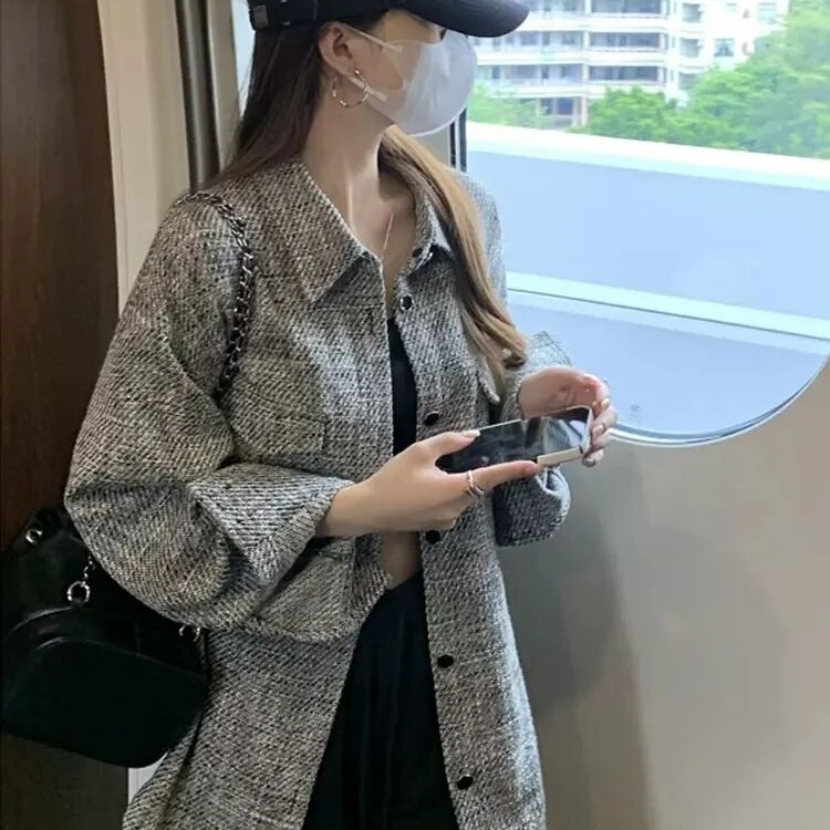 2025秋冬新款小香风polo领格子衬衫外套宽松慵懒韩系中长款上衣|undefined