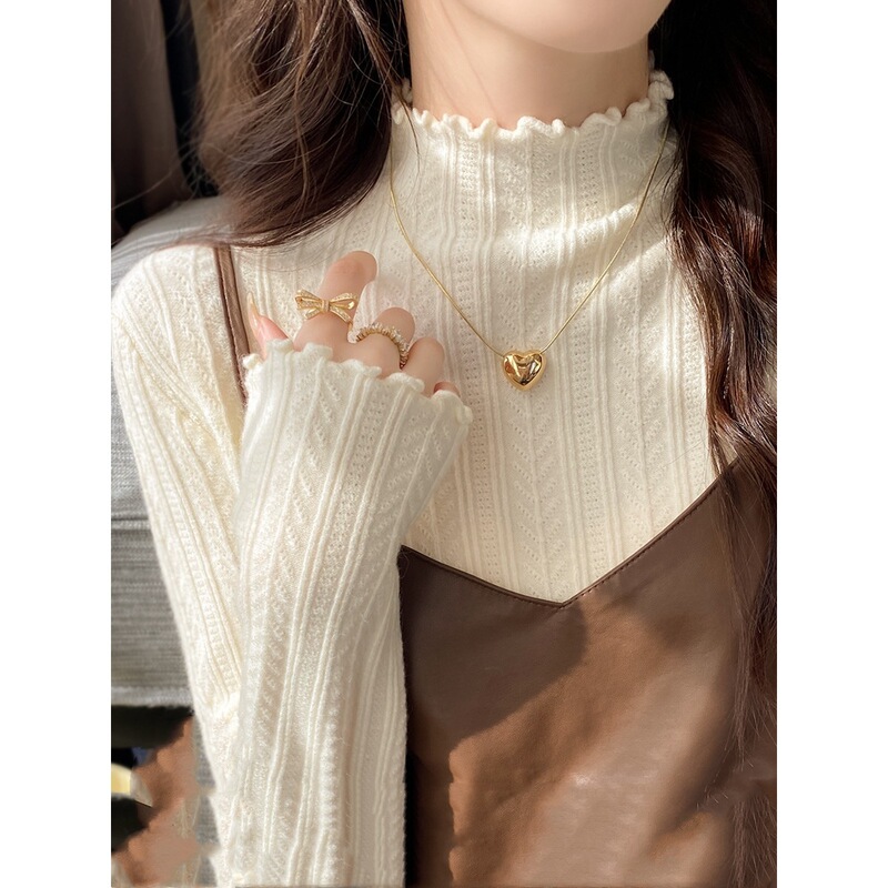 White Half-Turtleneck Sweater for Women, Spring and Autumn Base Layer, 2024 New Design with Ruffled Edges, Knitted Top White Half-Turtleneck Sweater for Women, Spring and Autumn Base Layer, 2024 New Design with Ruffled Edges, Knitted Top