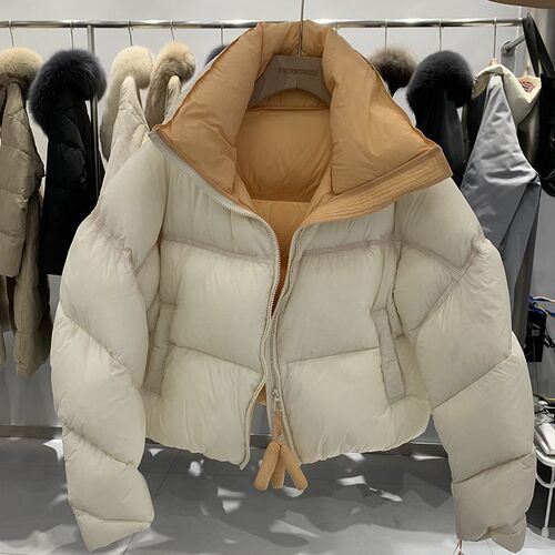 Puff Muffler Women 2025 Design Sense Contrast Color Youthful Stylish Short Stand Collar Winter Personality Baguette Coat