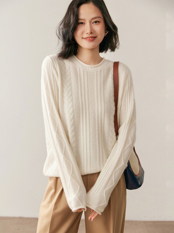 Round Neck Thickeneded Alalana 100 Cashmere Knitwear for Women, New Autumn and Winter Loose Pullover Cable Knitwear Bottoming Knitwear