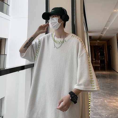 Waffle Short Sleeve T-Shirt American Street Style Ins Couple Men Half Sleeve Summer Heavyweight Loose Trendy Cool Shirts