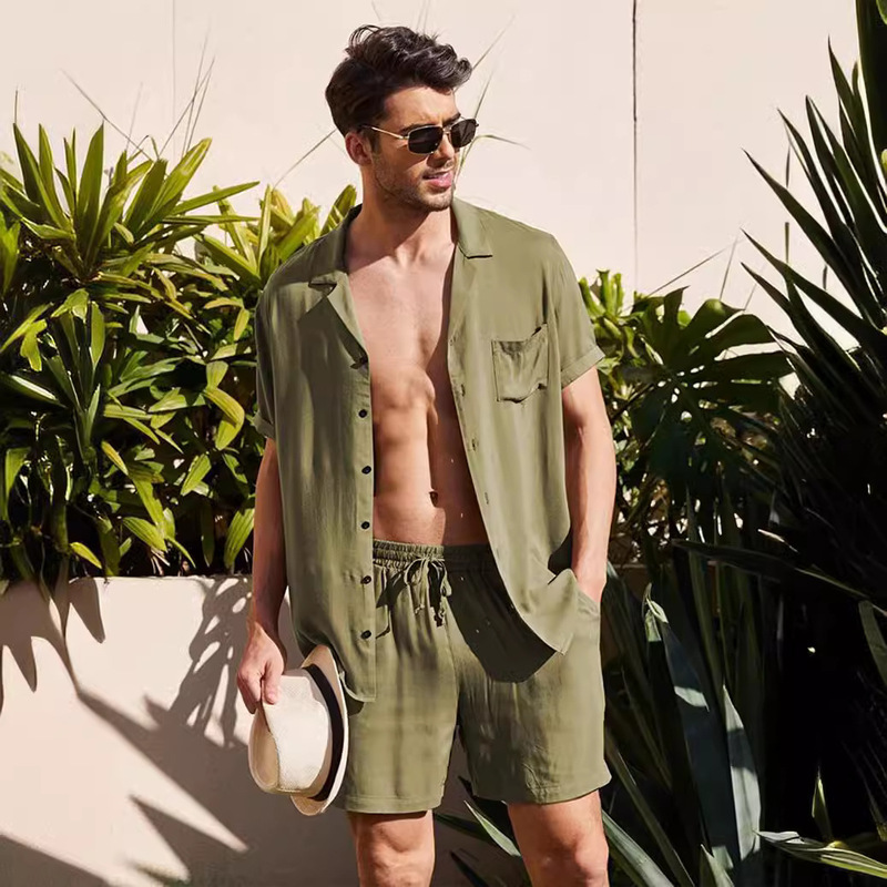 Men's Linen Short-sleeved Shirt suit Linen Summer Loose Casual Cotton and Linen Cardigan Shirt Shorts