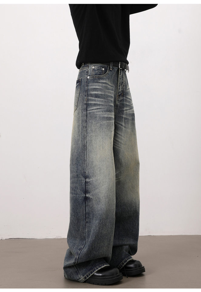 Quần jeans nam dáng chữ A ống rộng phong cách retro, râu mèo nổi, lưng vừa, dài ống suông — Màu xanh dương chi tiết 14