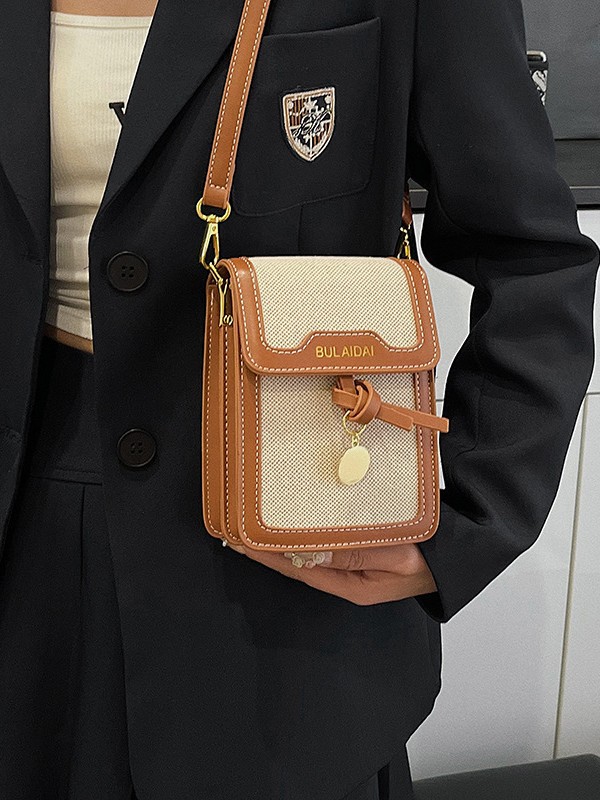 Bolso de teléfono móvil mensajero mujer 2025 comercio exterior transfronterizo sudeste asiático nuevo estilo lino contraste color costura moda pequeño bolso cuadrado