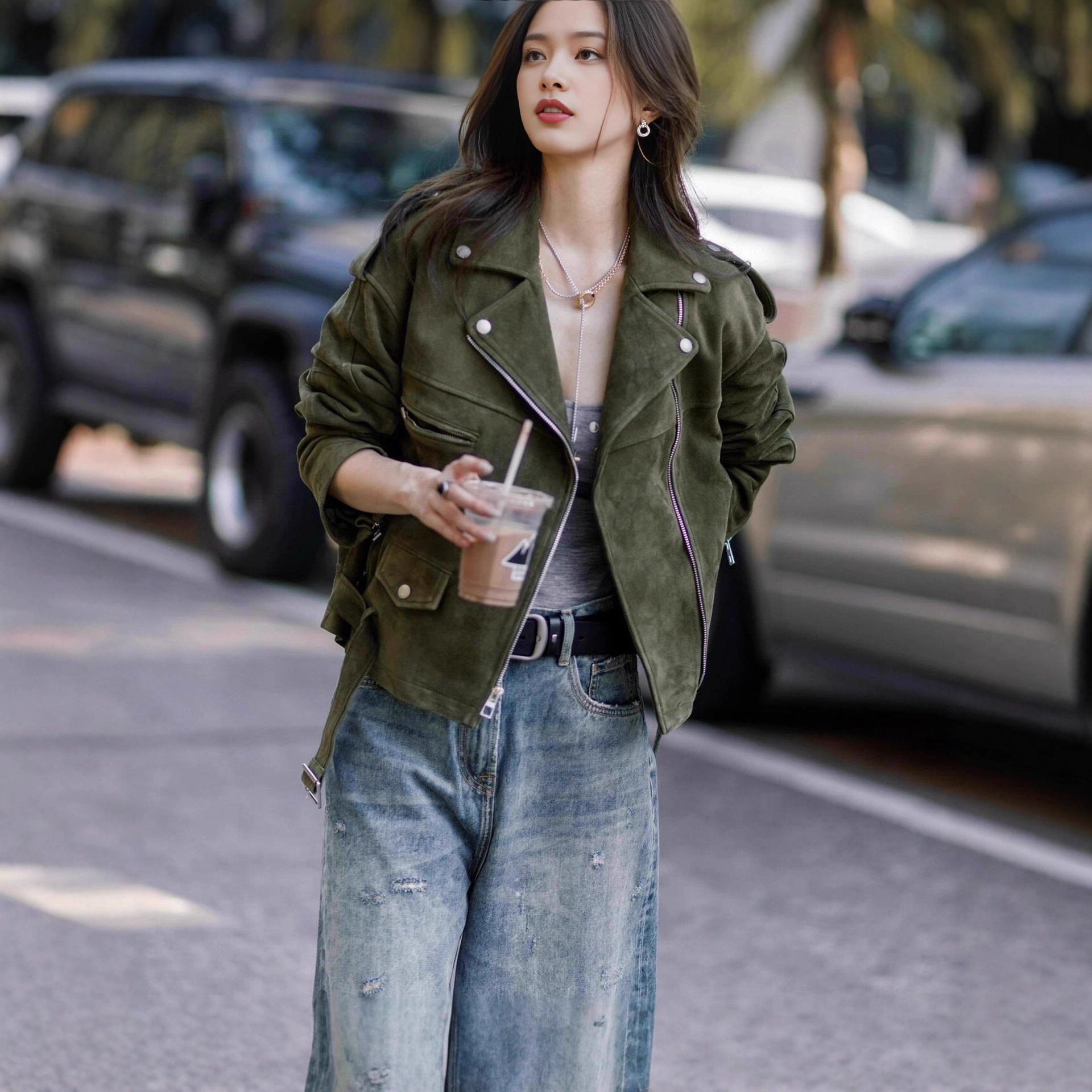 2025 Autumn and Winter American Retro Small Short Green Lapel Motorcycle Suit Slim Casual Jacket for Women