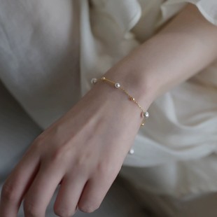 18K Gold Baby's Breath Natural Freshwater Pearl Bracelet Au750 Gold Bead Bracelet Nearly Round Bracelet for Women Accessible Luxury High-End