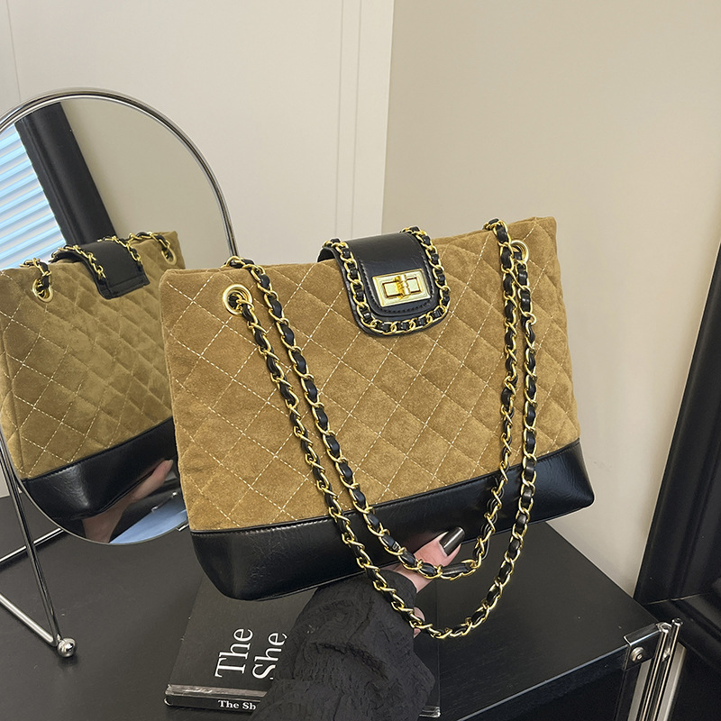 时尚欧美通勤包新款菱格斜挎包时尚腋下包链条包撞色单肩包托特包