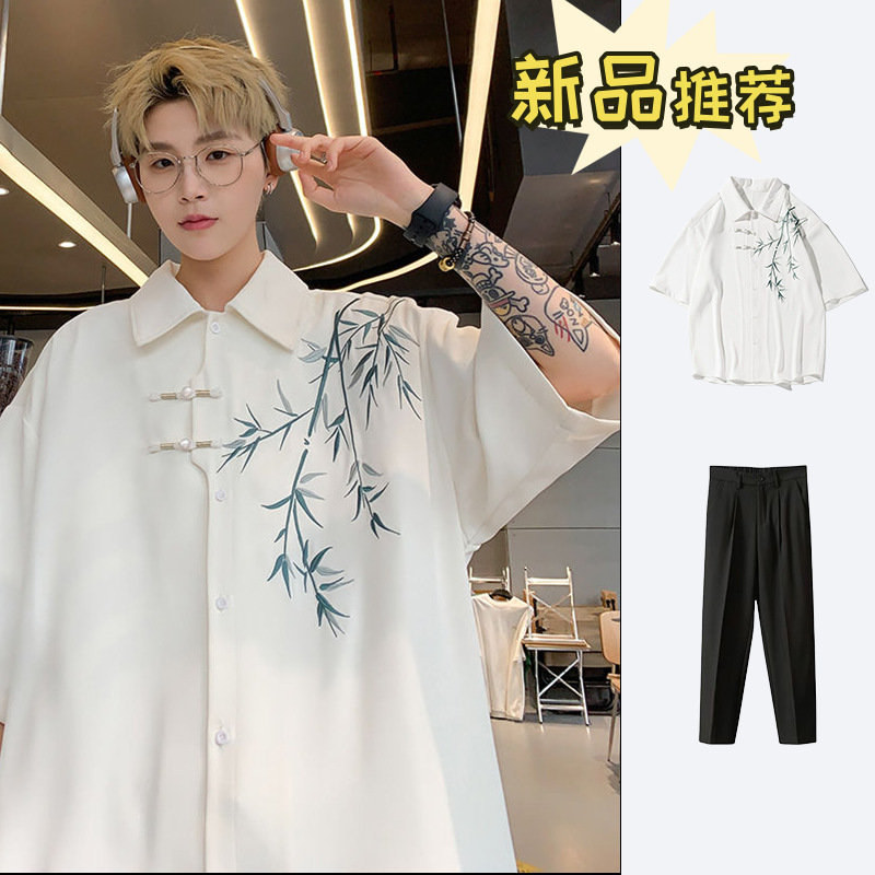 New Chinese style short-sleeved embroidered shirt for men, new summer trendy loose casual shirt, men's jacket set