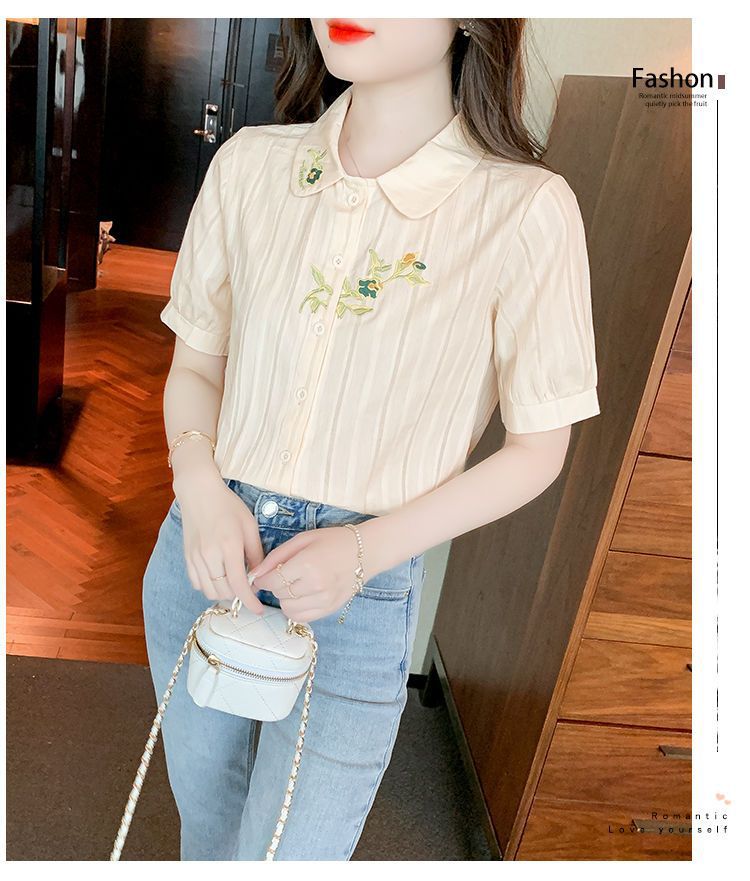 夏装2024年新款时尚纯棉衬衣女洋气全棉短袖气质女士衬衫刺绣上衣详情30