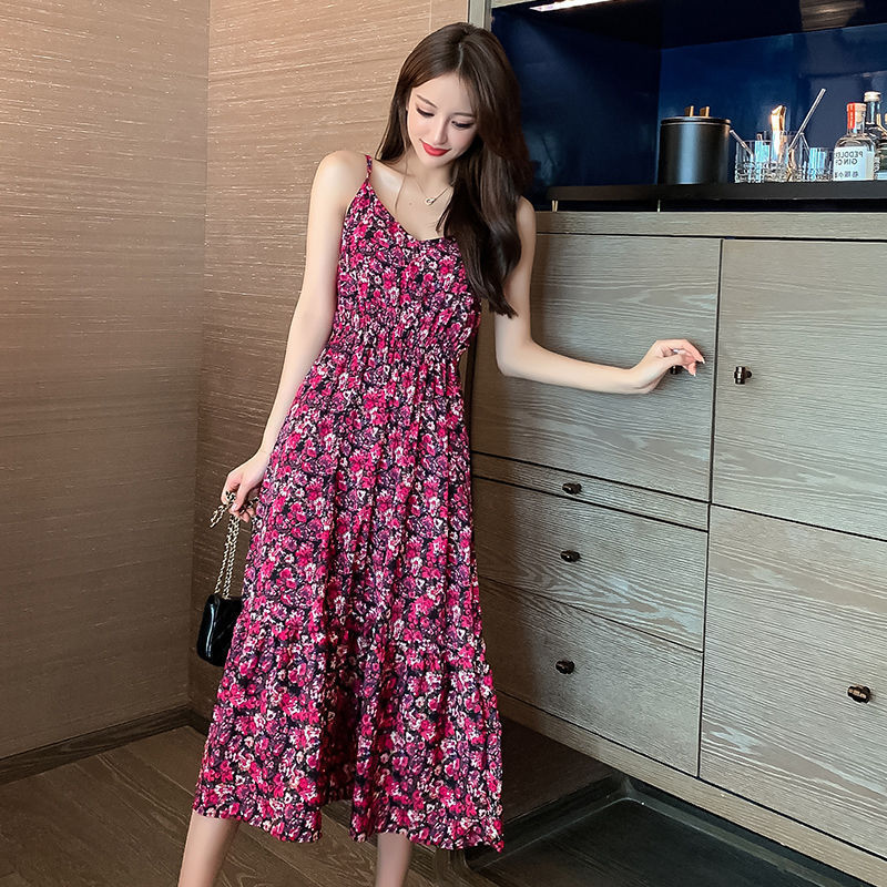 2021 Korean Style New Summer Women's Dress Floral dress Tight Waist Slimming Elegant Fashionable Chanel Style Sling Skirt