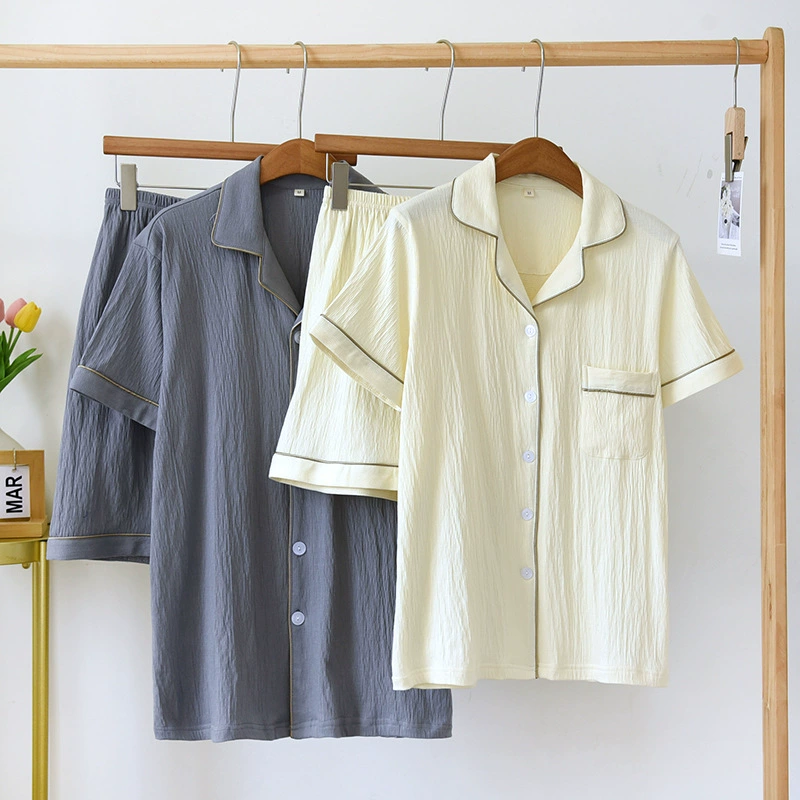 Парные летние шорты из чистого хлопка с короткими рукавами, костюм для домашней одежды, женская тонкая дышащая Пижама с лацканами и пряжкой, Мужская свободная