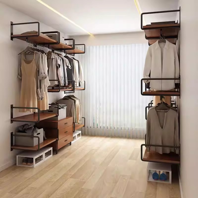 Open Wardrobe Wall-Mounted Cloakroom Solid Wood Metal Full-Hanging Walk-In Wall Wardrobe Iron Coat Rack