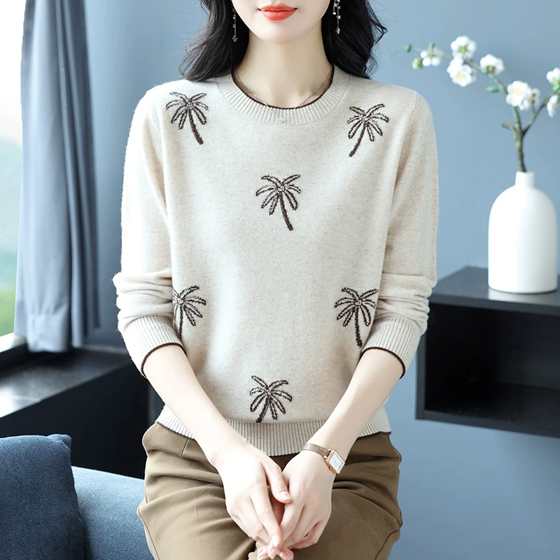 Трикотаж из чистой шерсти, женская новая трикотажная нижняя рубашка, осенне-зимний внутренний топ для мамы, трикотаж с круглым вырезом и вышивкой