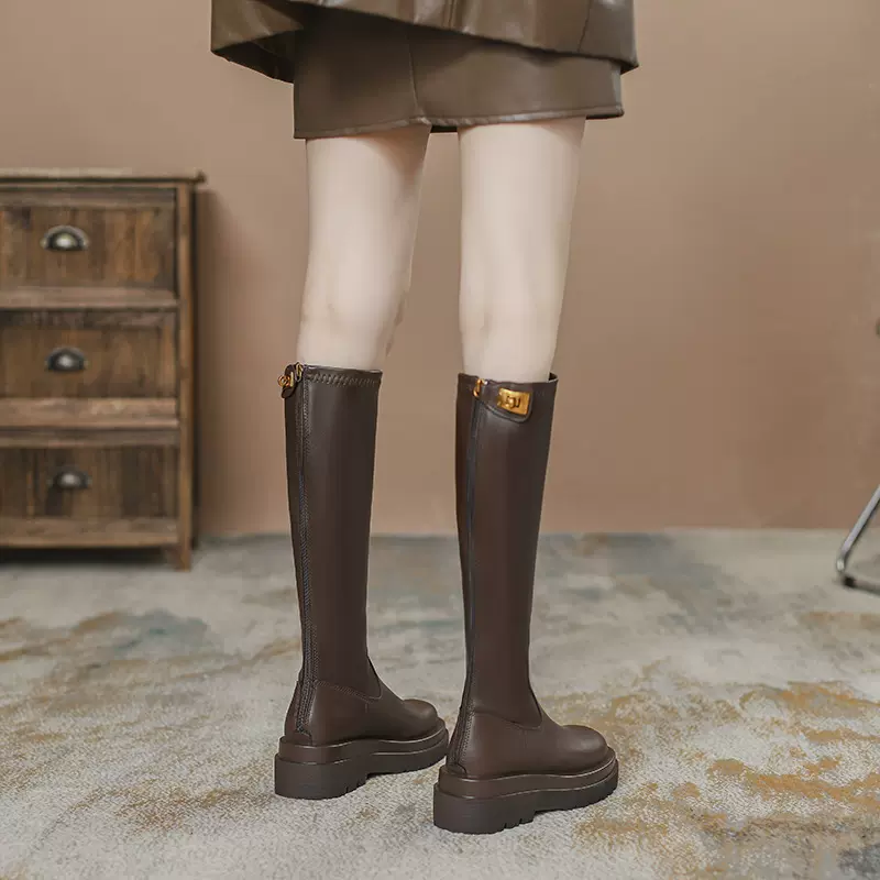长筒靴子内增高不过膝后拉链厚底金锁扣小个子高筒骑士靴女长靴