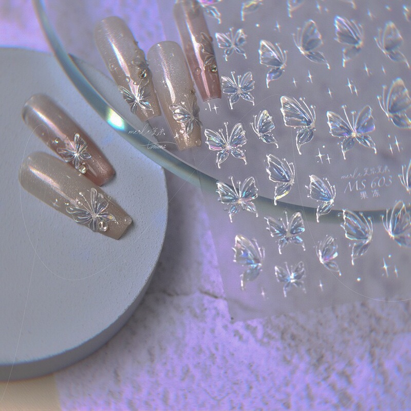 Three-dimensional Aurora Relief Nail Art Super Fairy Butterfly Sticker Fairy Four Mans Star Fantasy Color Ultrasound Flash Glue Nail Ornament