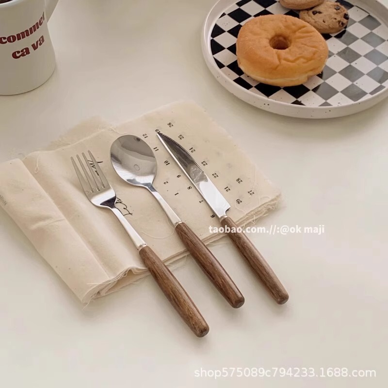 OK maji South Korea ins style chicken wings wooden handle knife fork spoon western restaurant stainless steel niche pasta fork tableware