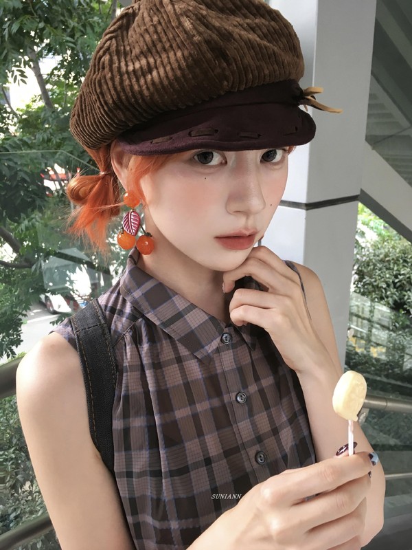 小众设计感橘色树叶樱桃耳环夏日多巴胺度假风耳钉甜美可爱耳饰女|undefined